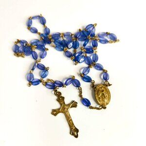 Vintage Miraculous Mary Blue Lucite Gold Tone Rosary Necklace Prayer Beads